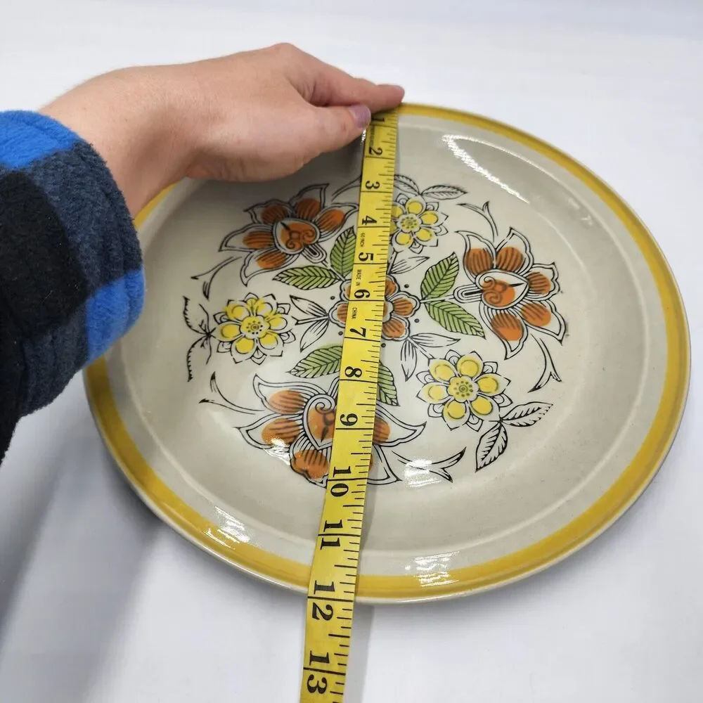 Vintage 70s Quasar Stoneware MCM Flowers Orange Brow Flowers Retro Round Platter